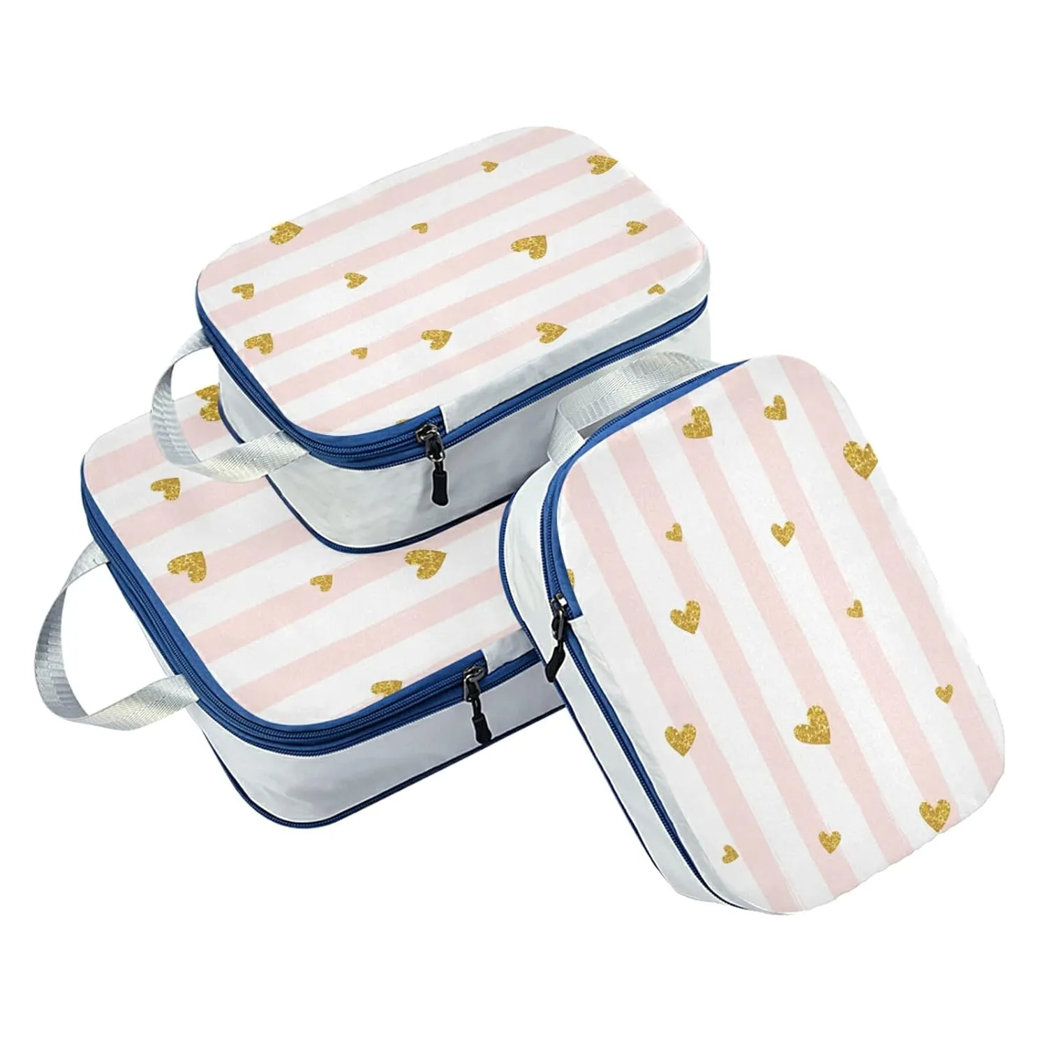 Gold Glittering Heart Pink on White Stripes Background 3 Piece set Cubes Expandable Adjustable Luggage Packing Bags, Ultralight Organizer Accessories Travel Suitcase Compressible Bags