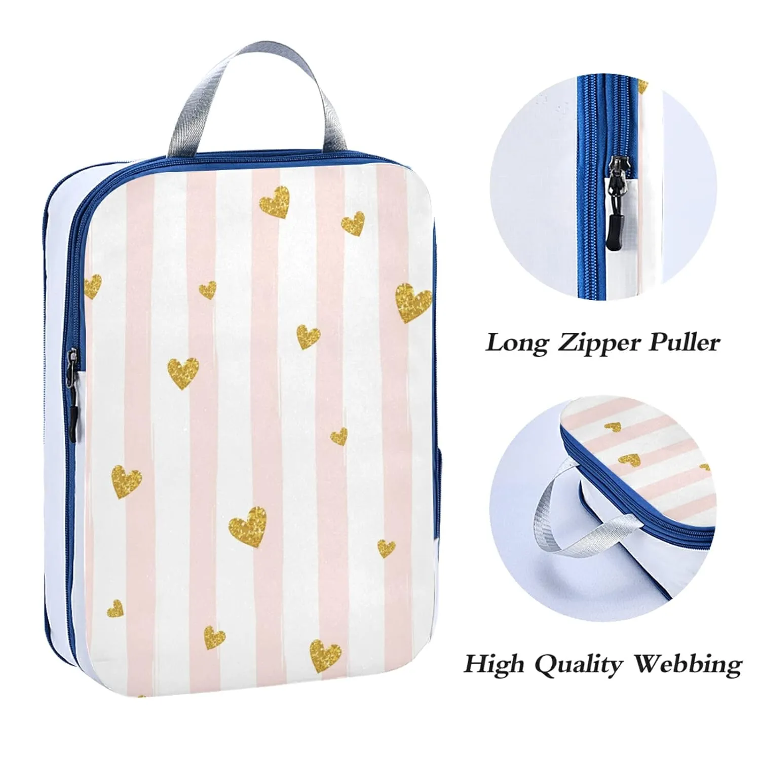 Gold Glittering Heart Pink on White Stripes Background 3 Piece set Cubes Expandable Adjustable Luggage Packing Bags, Ultralight Organizer Accessories Travel Suitcase Compressible Bags