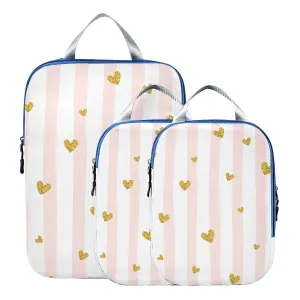 Gold Glittering Heart Pink on White Stripes Background 3 Piece set Cubes Expandable Adjustable Luggage Packing Bags, Ultralight Organizer Accessories Travel Suitcase Compressible Bags