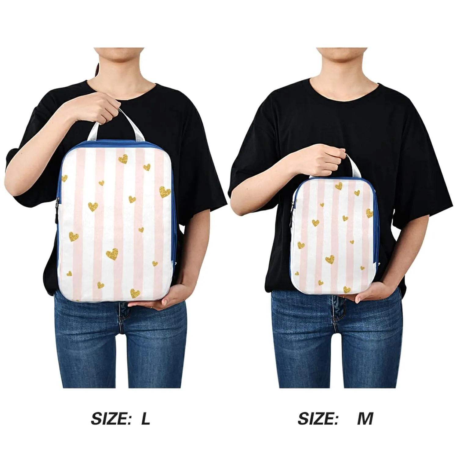 Gold Glittering Heart Pink on White Stripes Background 3 Piece set Cubes Expandable Adjustable Luggage Packing Bags, Ultralight Organizer Accessories Travel Suitcase Compressible Bags