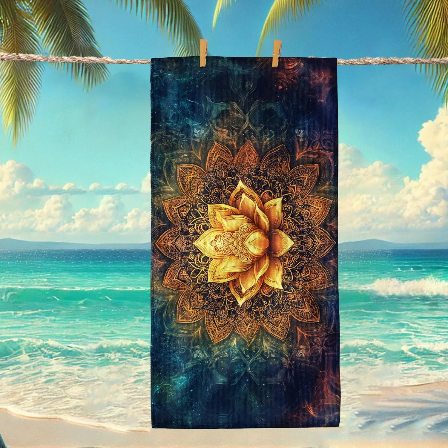 Golden Water Lily Microfiber Beach Towel Extra Large Colorful Mandala Art Towel, Quick Dry Sand Free Absorbent Lightweight Bath Wrap, Outdoor Travel Picnic Essentials 70x35 Inch