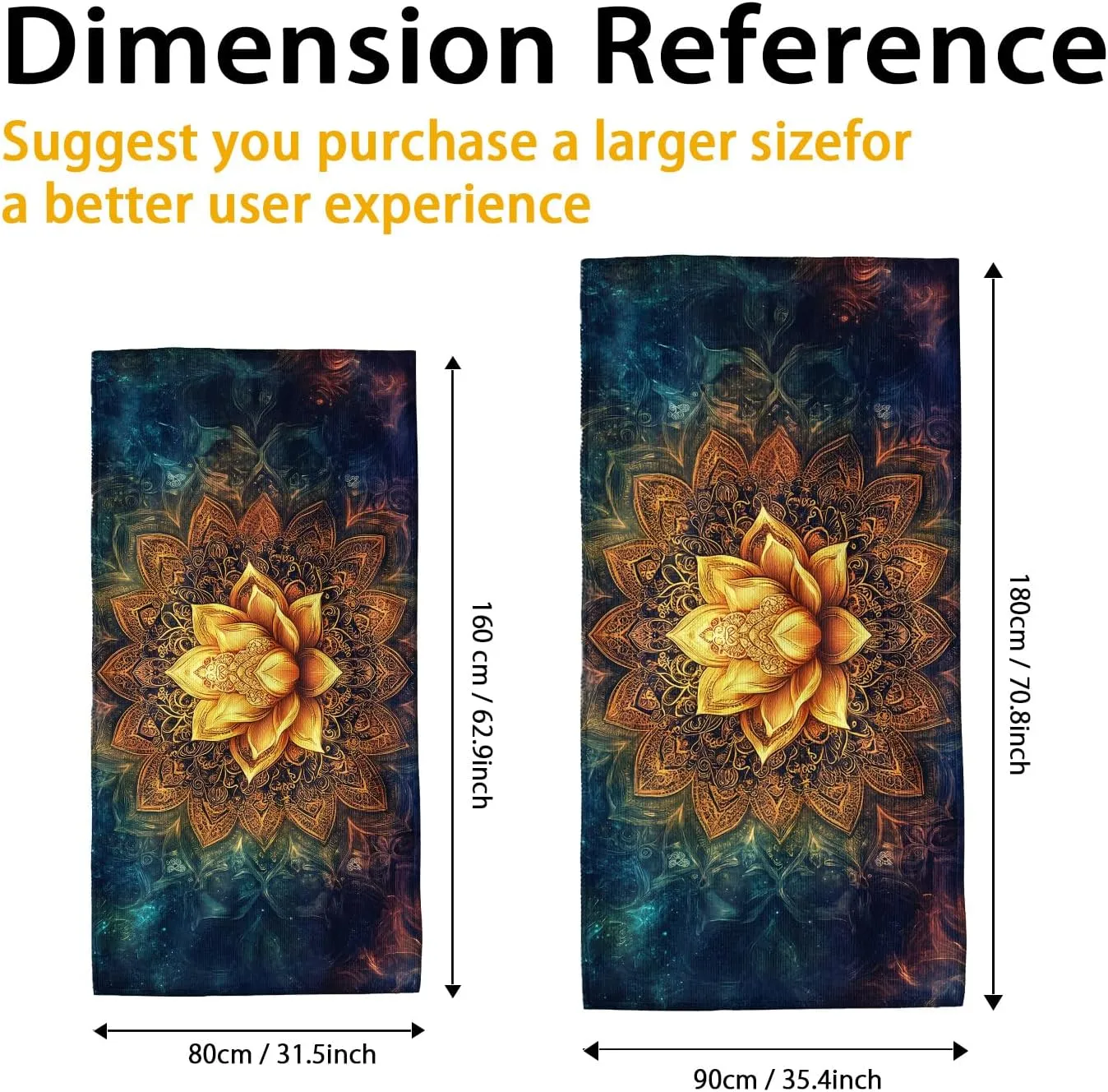 Golden Water Lily Microfiber Beach Towel Extra Large Colorful Mandala Art Towel, Quick Dry Sand Free Absorbent Lightweight Bath Wrap, Outdoor Travel Picnic Essentials 70x35 Inch
