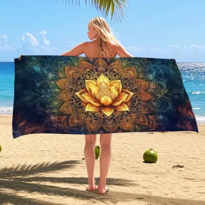Golden Water Lily Microfiber Beach Towel Extra Large Colorful Mandala Art Towel, Quick Dry Sand Free Absorbent Lightweight Bath Wrap, Outdoor Travel Picnic Essentials 70x35 Inch