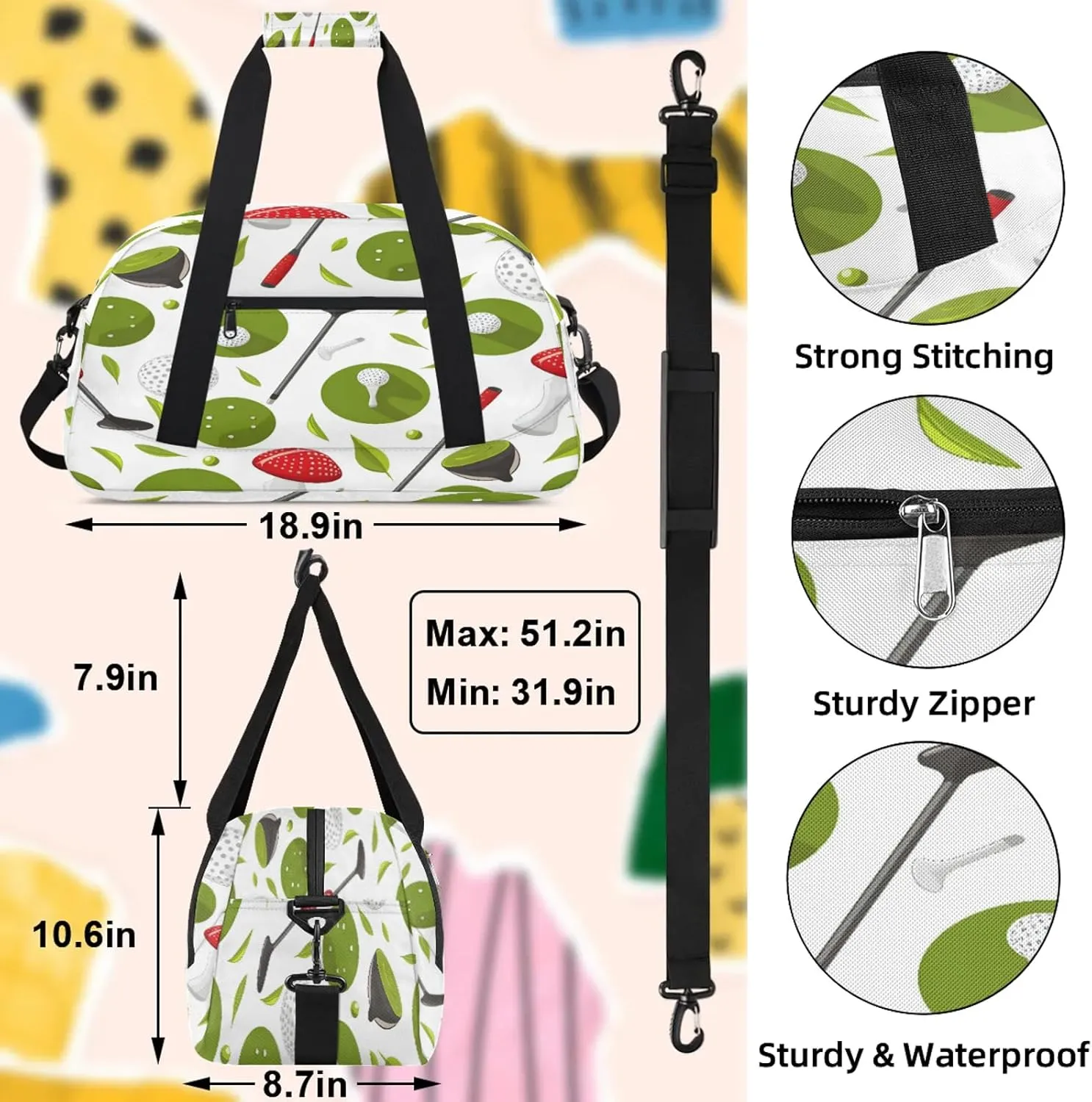 Golf Club Small Gym Bag 18 inch Carry On Duffel Bag for Weekender Travel Sports Workout Yoga Gymnastics Dance Ballet