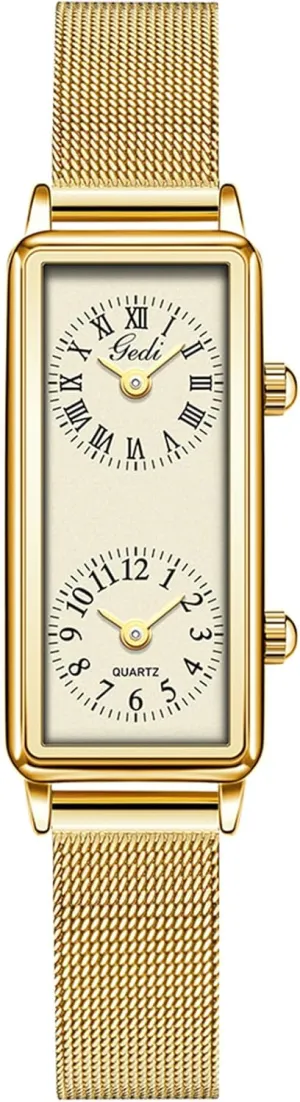 Gosasa Women’s Vintage Rectangle Watch Dual Time Zone Waterproof Ladies Quartz Analog Wristwatch with Two Dials, Roman & Arabic Numerals, Leather Strap for Travel & Business