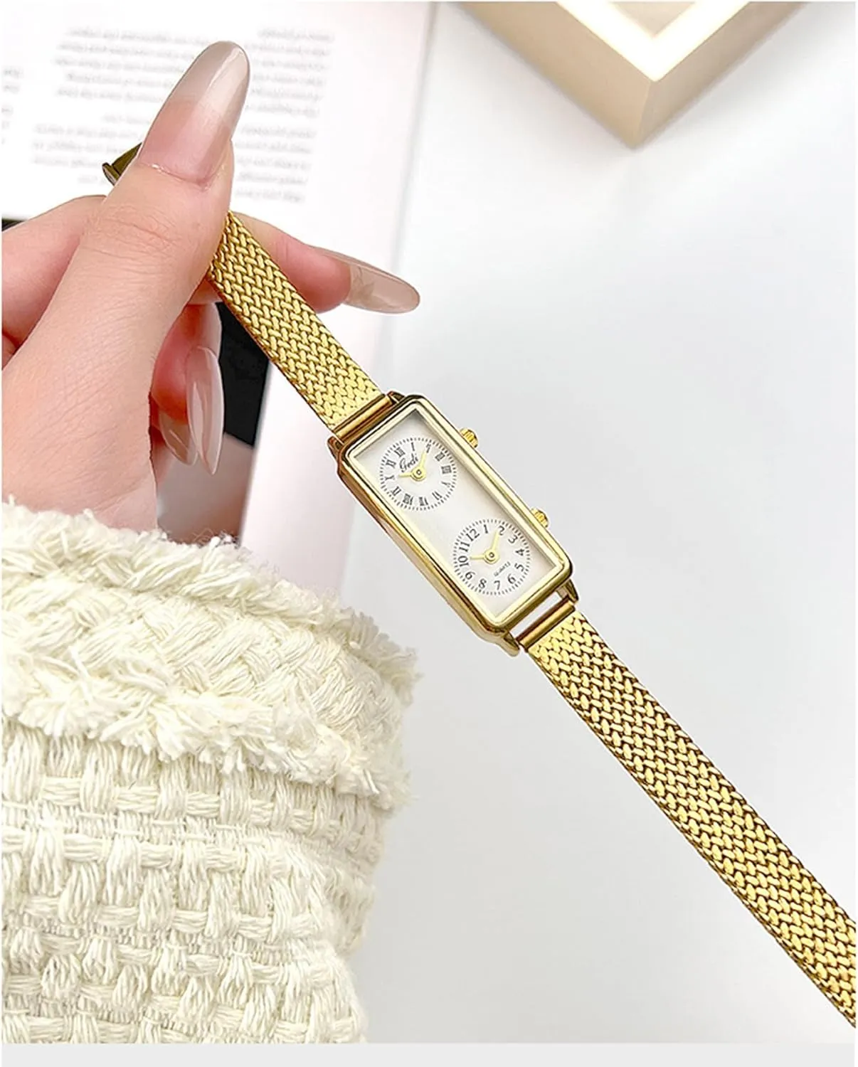 Gosasa Women’s Vintage Rectangle Watch Dual Time Zone Waterproof Ladies Quartz Analog Wristwatch with Two Dials, Roman & Arabic Numerals, Leather Strap for Travel & Business