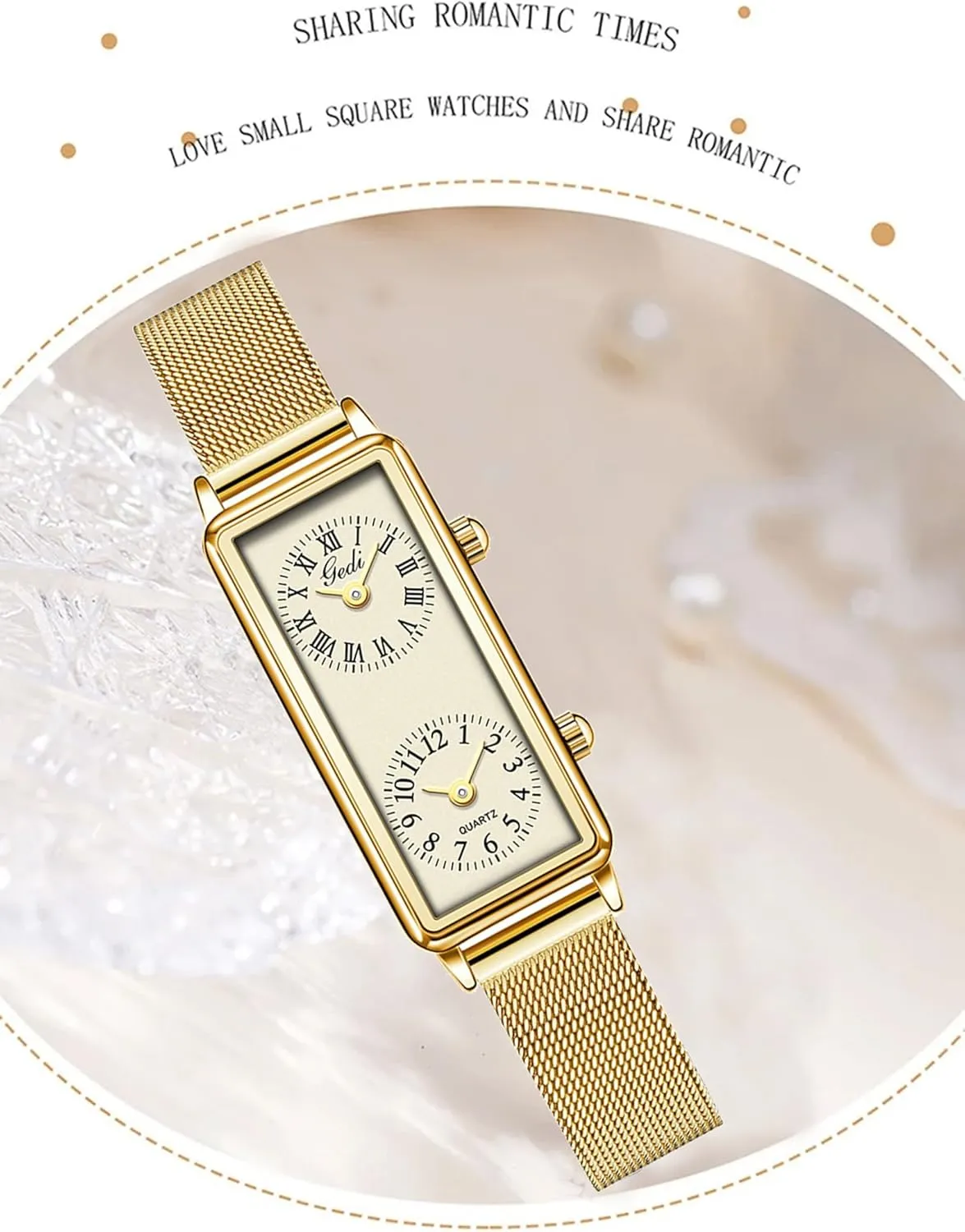 Gosasa Women’s Vintage Rectangle Watch Dual Time Zone Waterproof Ladies Quartz Analog Wristwatch with Two Dials, Roman & Arabic Numerals, Leather Strap for Travel & Business