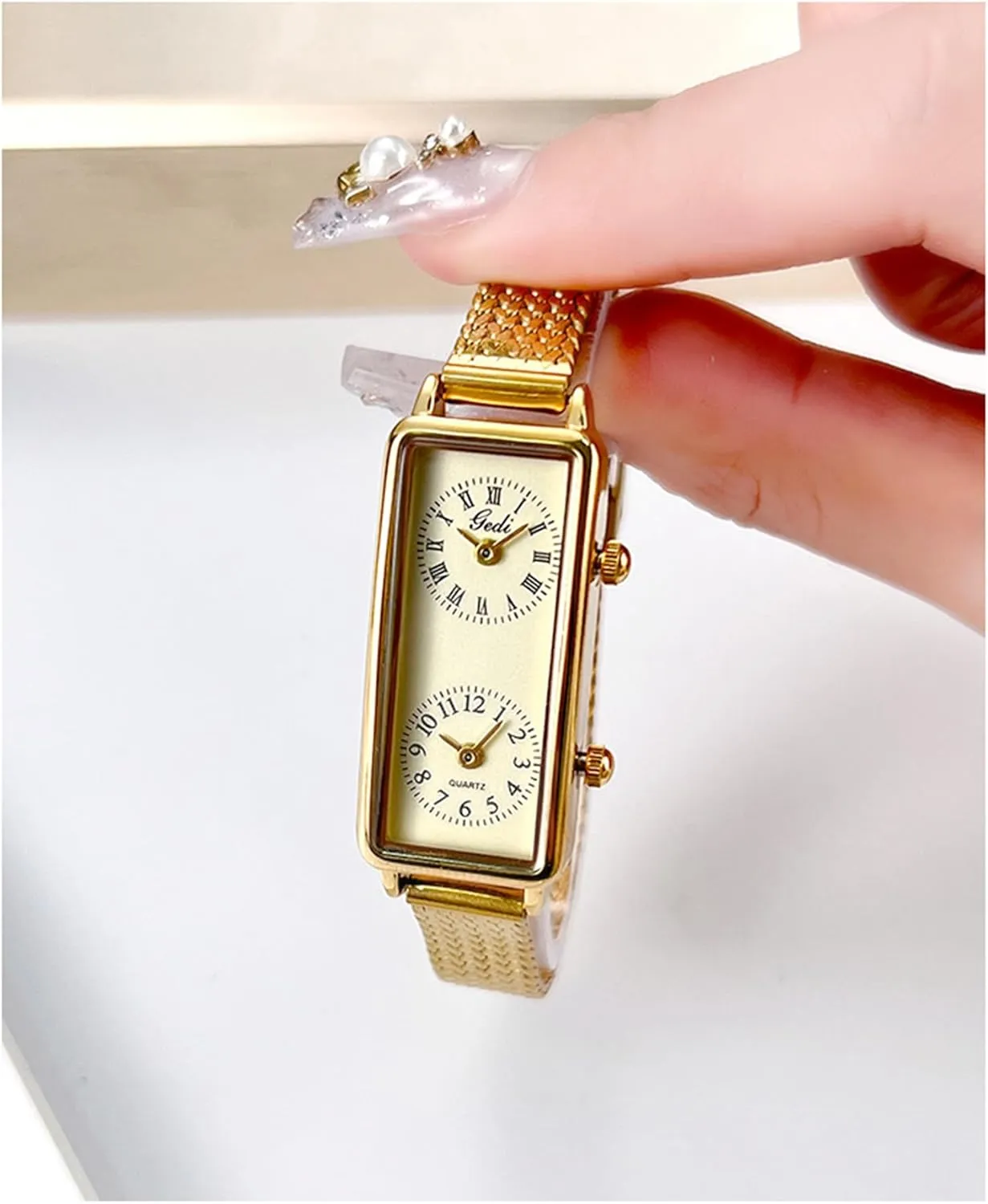 Gosasa Women’s Vintage Rectangle Watch Dual Time Zone Waterproof Ladies Quartz Analog Wristwatch with Two Dials, Roman & Arabic Numerals, Leather Strap for Travel & Business