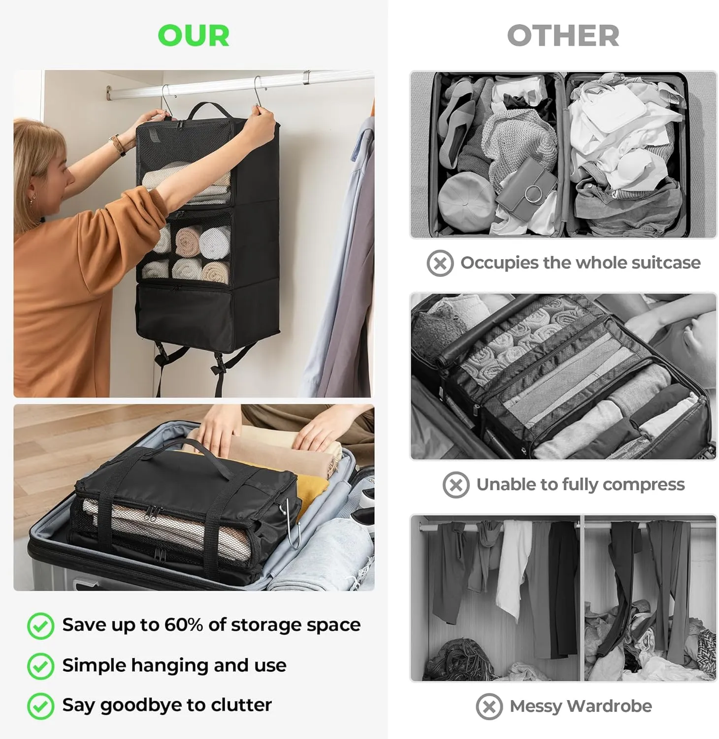 GRANNY SAYS Hanging Packing Cubes for Travel, Large Portable Hanging Suitcase Organizer, Foldable Compression Luggage Organizer Bags for Clothes, Carry on Closet Suitcase, XL-Black Travel Shelves