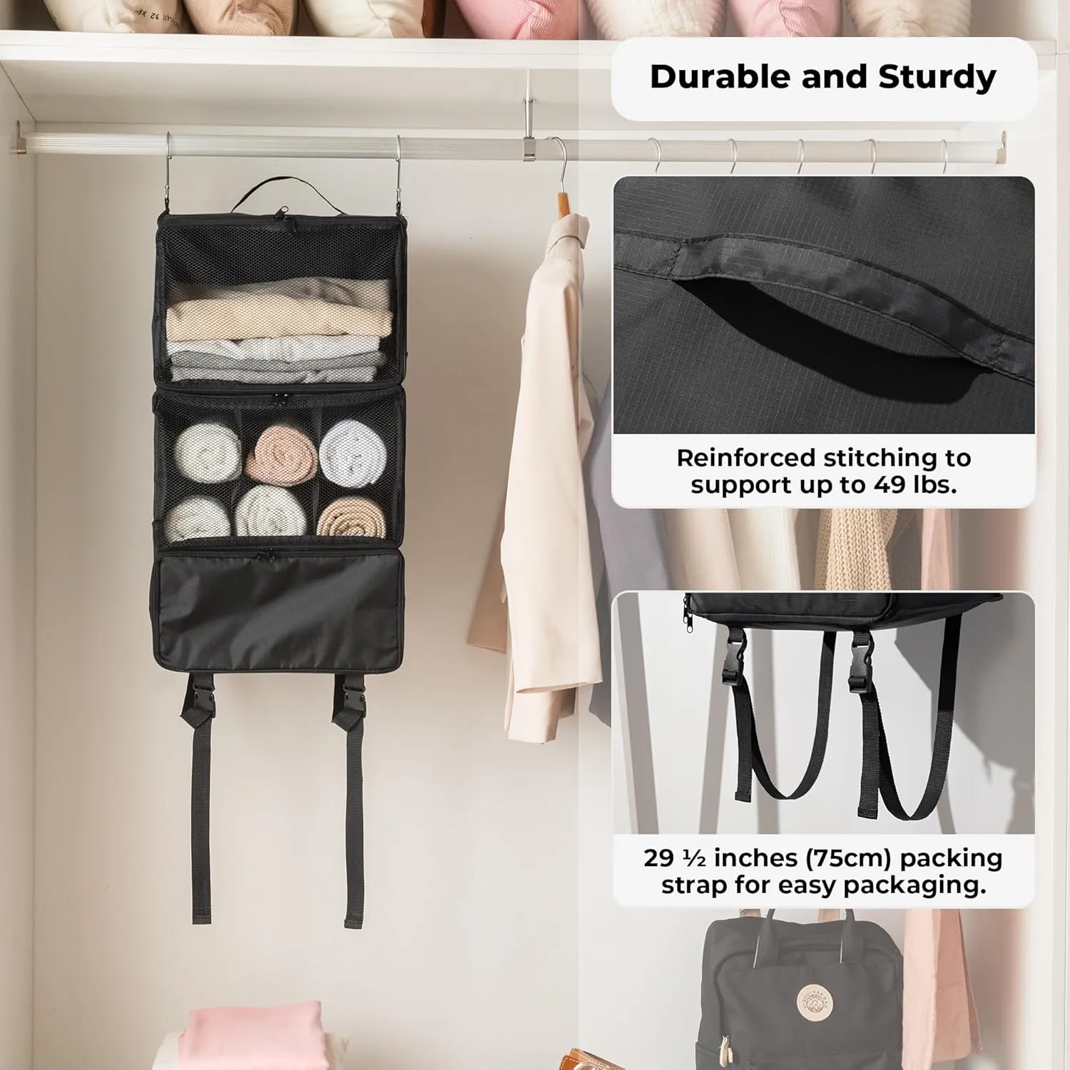 GRANNY SAYS Hanging Packing Cubes for Travel, Large Portable Hanging Suitcase Organizer, Foldable Compression Luggage Organizer Bags for Clothes, Carry on Closet Suitcase, XL-Black Travel Shelves