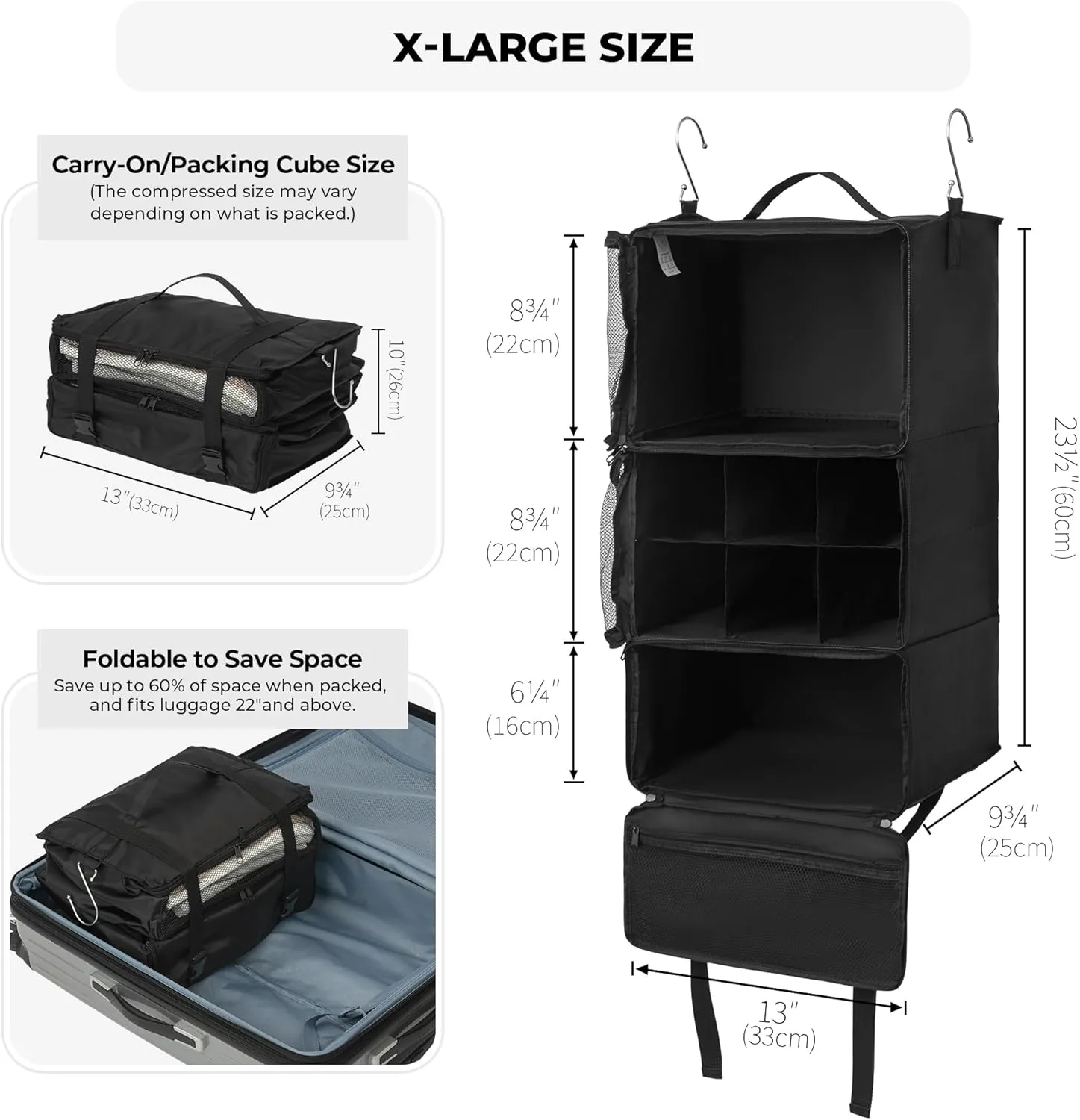 GRANNY SAYS Hanging Packing Cubes for Travel, Large Portable Hanging Suitcase Organizer, Foldable Compression Luggage Organizer Bags for Clothes, Carry on Closet Suitcase, XL-Black Travel Shelves