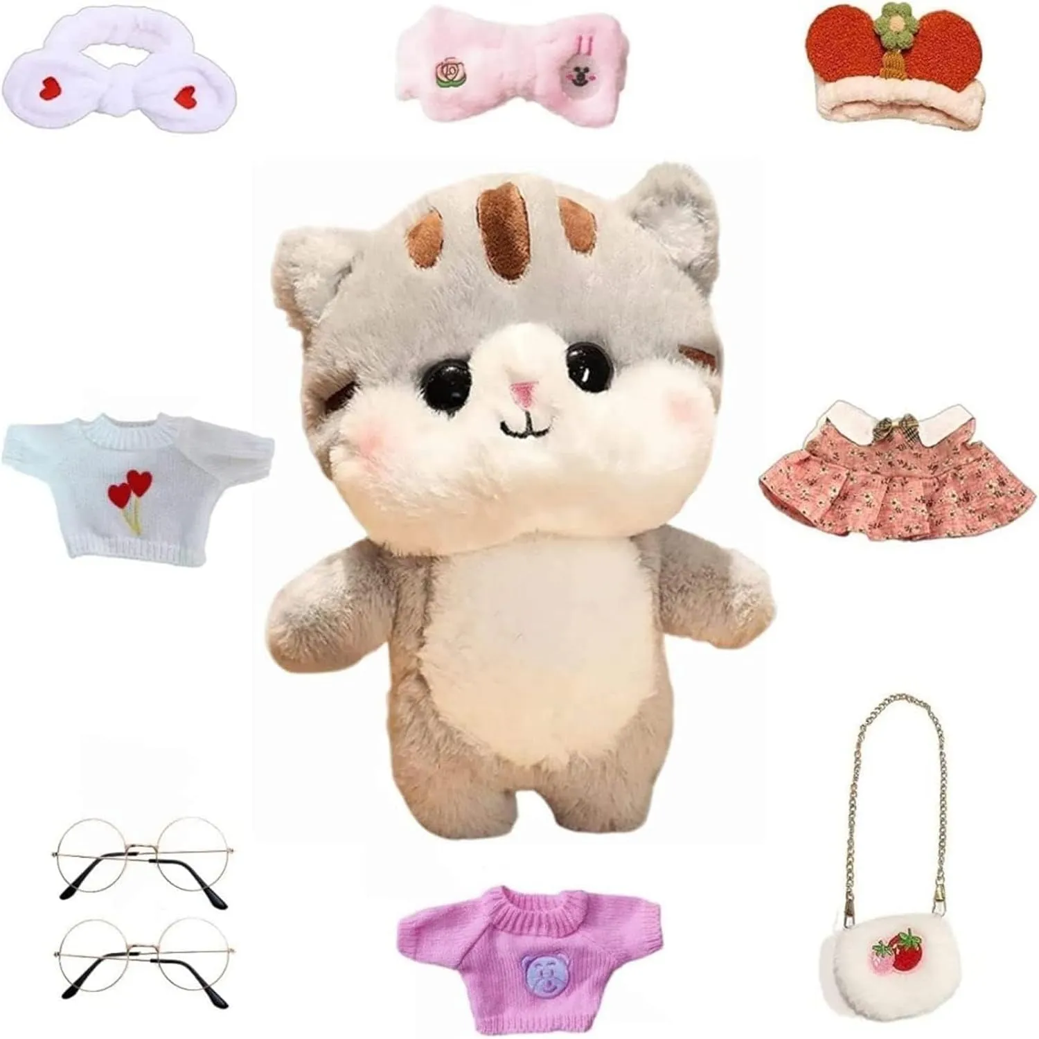 Grey Cat Stuffed Animals Plush Toy with Removable Clothes Cute Soft Cat Plush Stuffed Gifts for Kids - 12 Inch ([9ACC] Lovely Suits)
