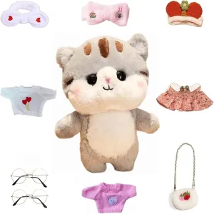 Grey Cat Stuffed Animals Plush Toy with Removable Clothes Cute Soft Cat Plush Stuffed Gifts for Kids - 12 Inch ([9ACC] Lovely Suits)