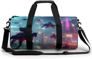 Gym Bag 17in for Men Women, Waterproof Foldable Sports Organizer, Durable Workout Travel Duffle Bag, Futuristic Battle-172