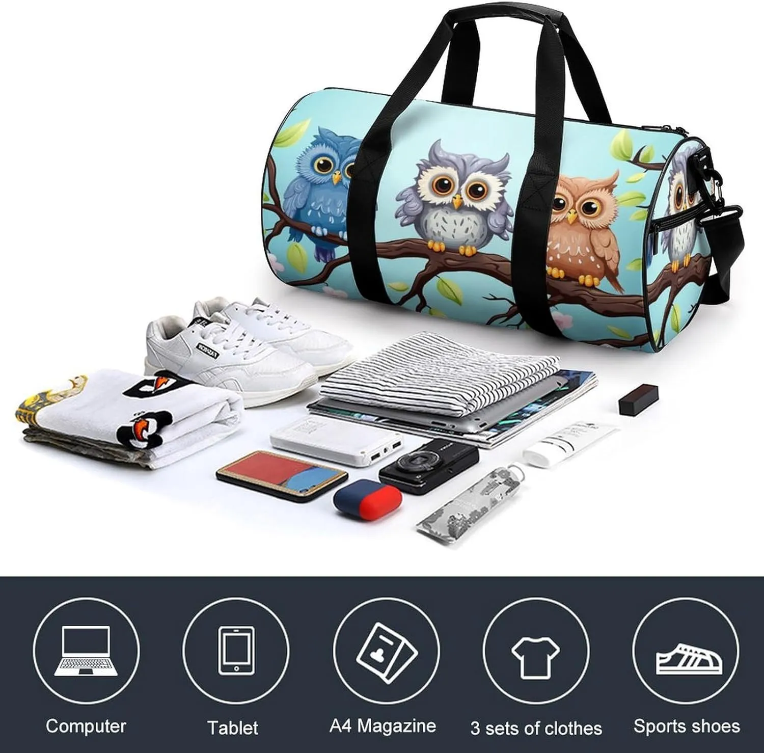 Gym Bag Owls On A Branch Duffel Bag for Men Women Overnight Bag with Shoe Compartment Workout Bags