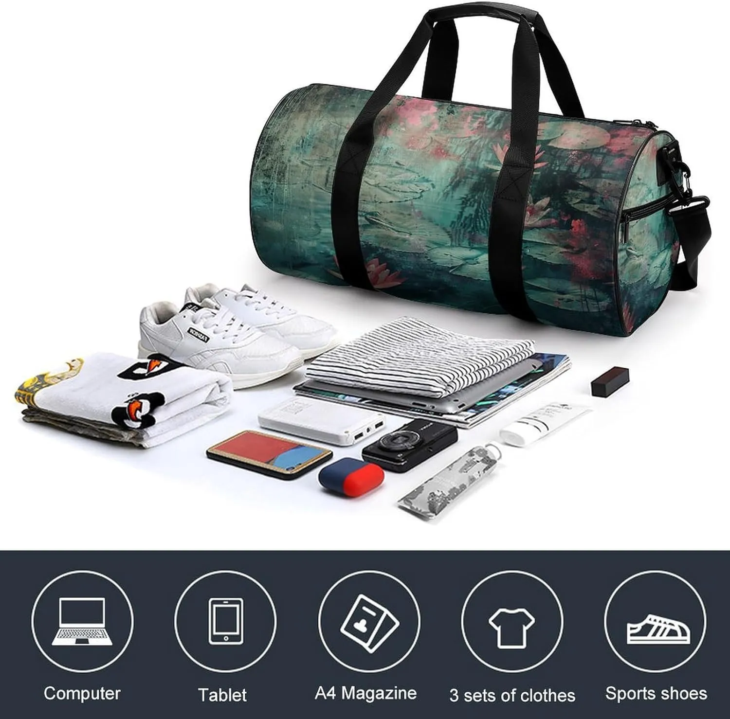 Gym Bag Water Lily Pond Duffel Bag for Men Women Overnight Bag with Shoe Compartment Workout Bags