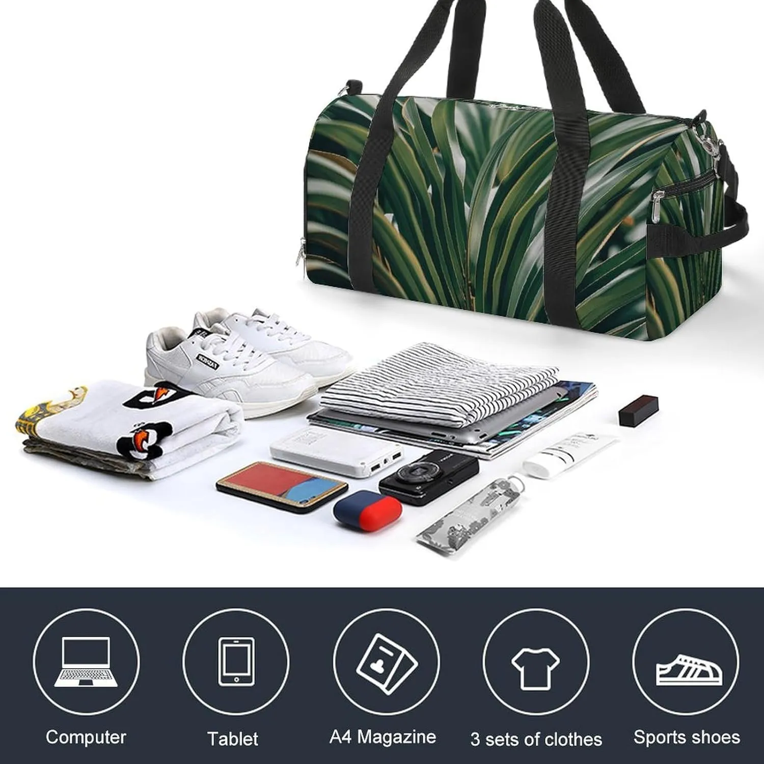 Gym Bags Small Green Leaves of Palm Tree Tropical Plant Duffel Bag Overnight Bag with Shoe Compartment Carryon Bag for Men Women