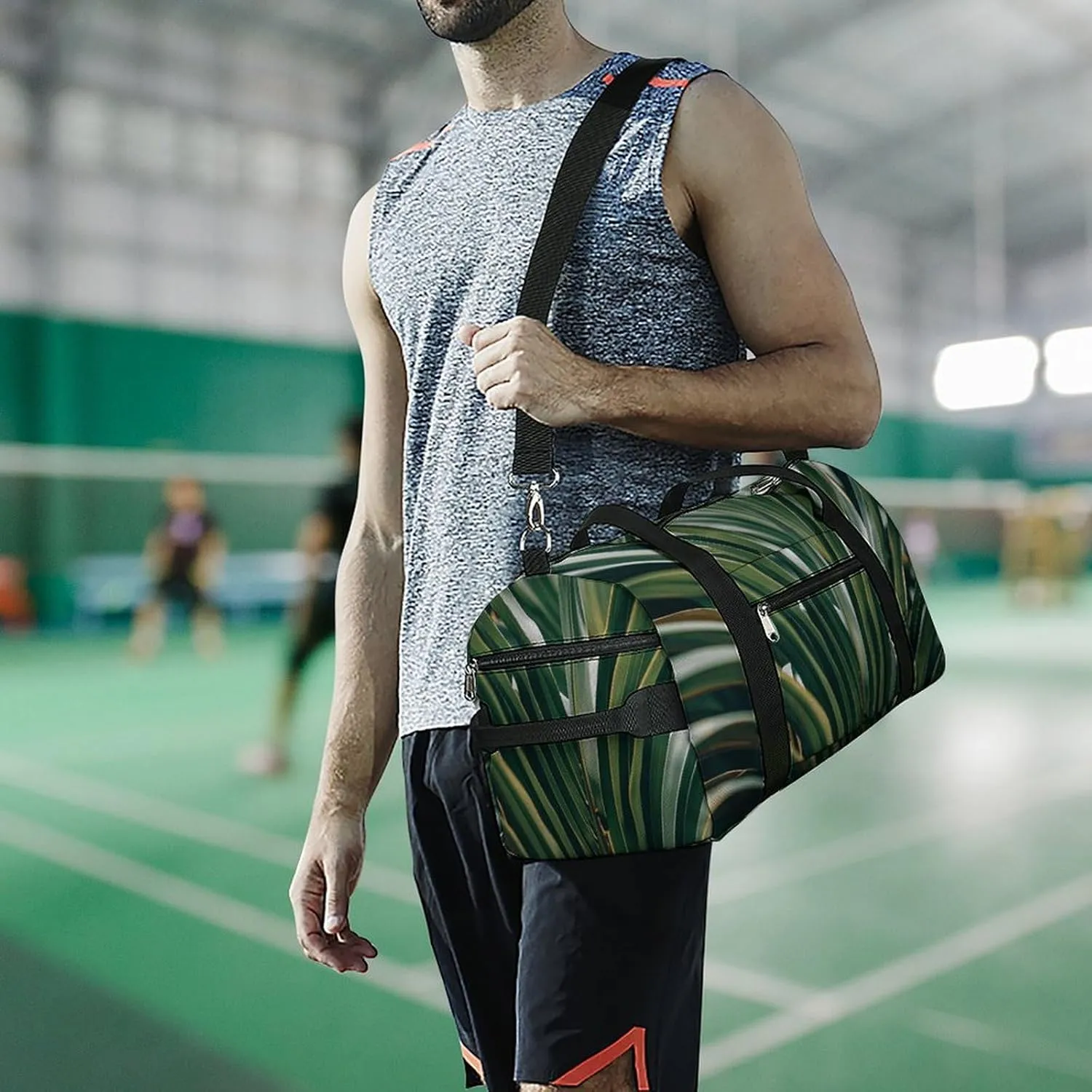 Gym Bags Small Green Leaves of Palm Tree Tropical Plant Duffel Bag Overnight Bag with Shoe Compartment Carryon Bag for Men Women