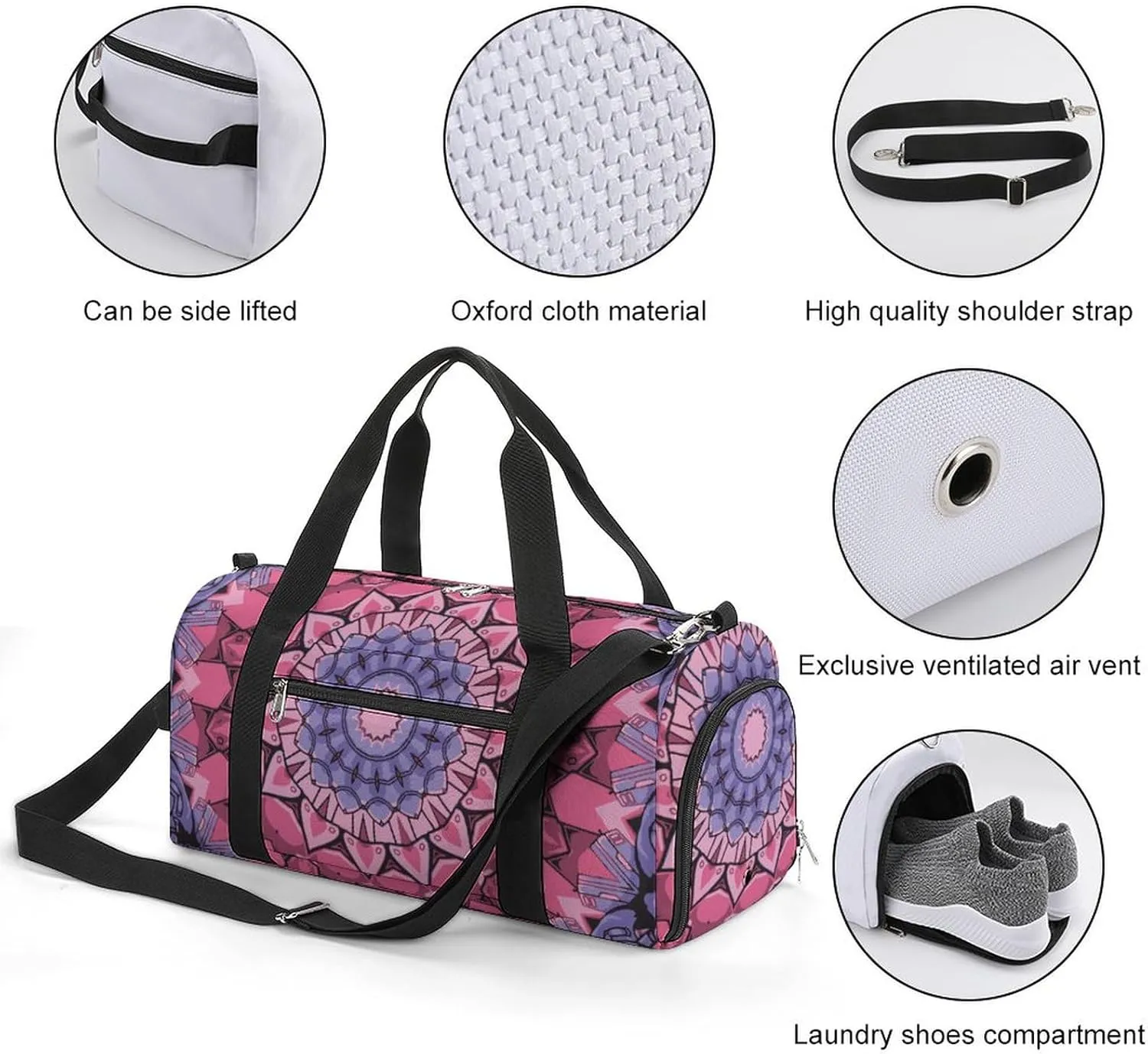 Gym Duffel Bag with Shoe Compartment Wet Pocket, Tile Mehndi Ethnic Travel Bag for Men Women, style-4