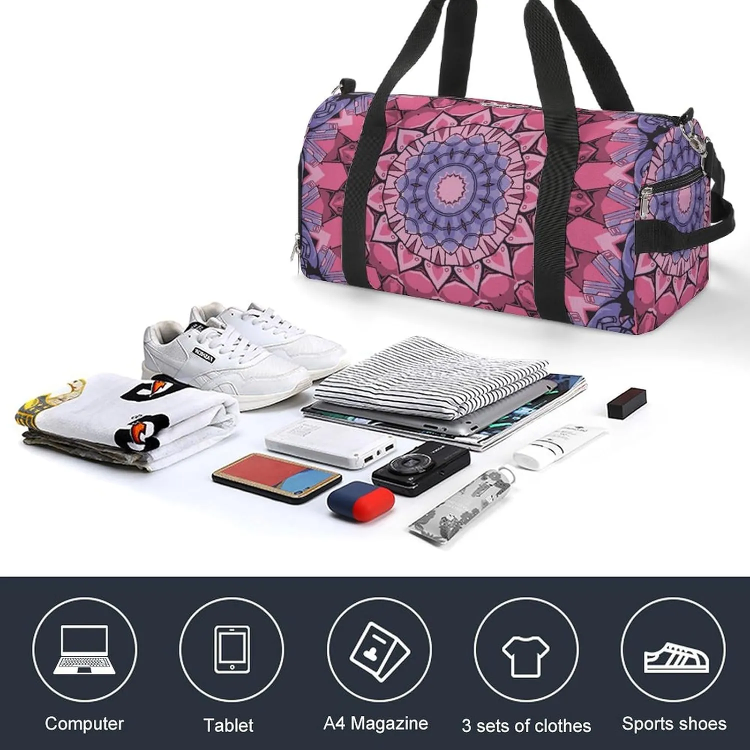 Gym Duffel Bag with Shoe Compartment Wet Pocket, Tile Mehndi Ethnic Travel Bag for Men Women, style-4