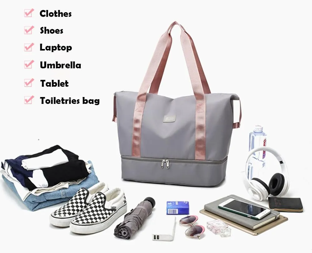 Gym Tote Bag for Women Foldable Overnight Weekender Duffle Bags Shoulder Carry on luggage Bag with Trolley Sleeve