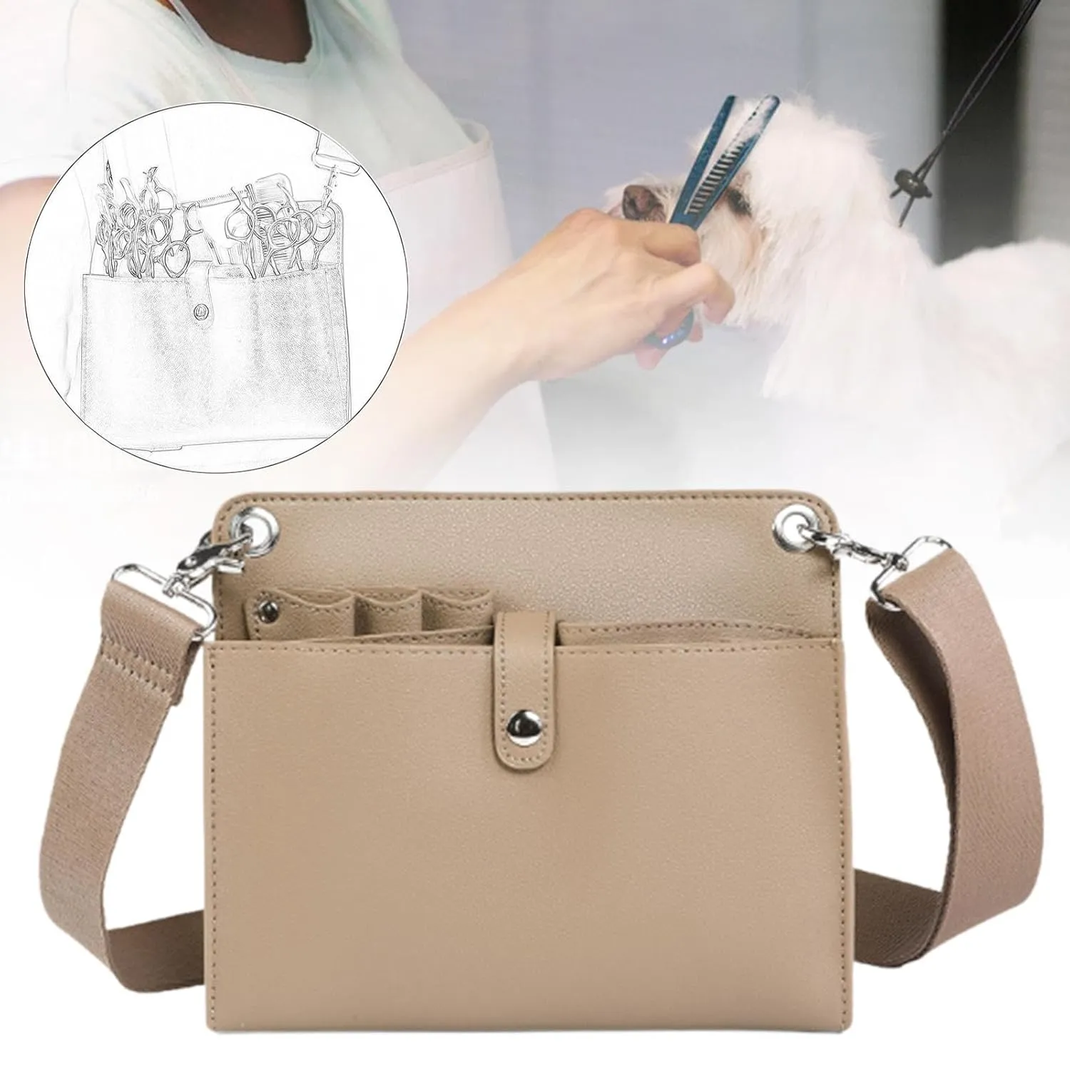 Hair Scissor Bag Hair Stylist Tools Bag PU Leather with Shoulder Belt Organizer Shoulder Bag for Groomers Hairdressers Salon, Coffee