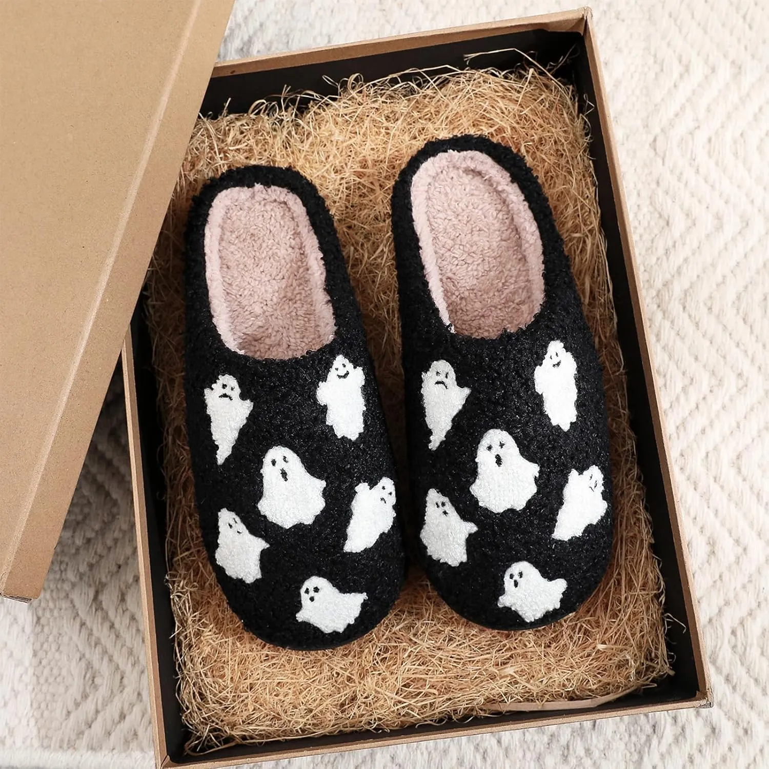 Halloween Slippers for Women and Men, Pumpkin With Bats, Ghost Face, Black Spooky House Indoor Outdoor, Cozy Fall and Winter