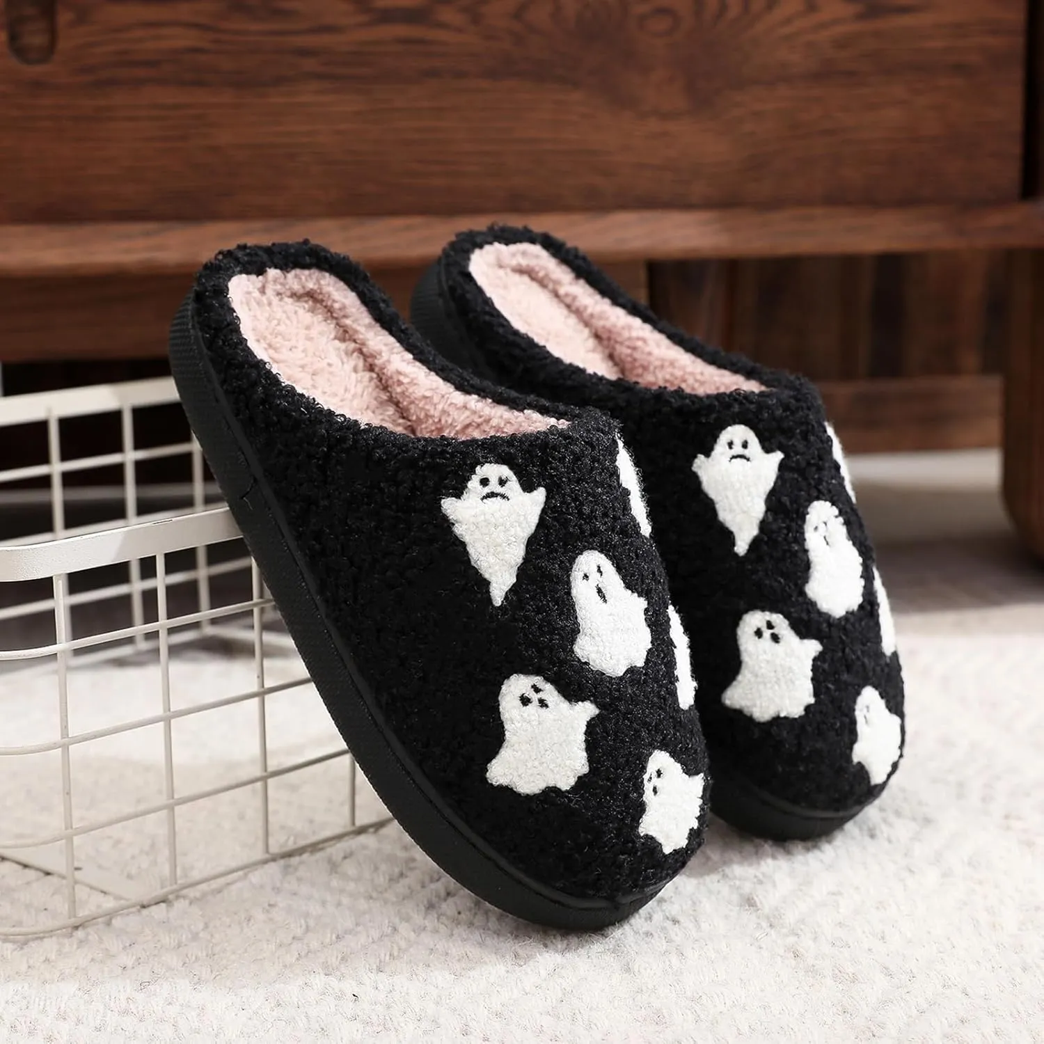 Halloween Slippers for Women and Men, Pumpkin With Bats, Ghost Face, Black Spooky House Indoor Outdoor, Cozy Fall and Winter