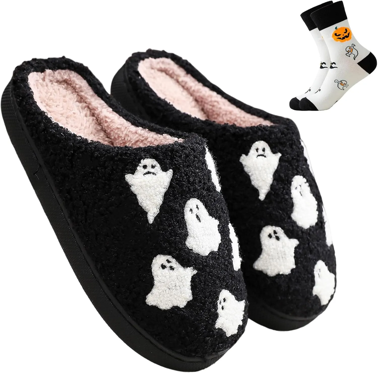 Halloween Slippers for Women and Men, Pumpkin With Bats, Ghost Face, Black Spooky House Indoor Outdoor, Cozy Fall and Winter