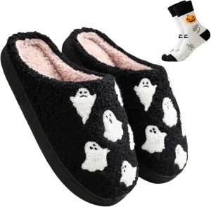 Halloween Slippers for Women and Men, Pumpkin With Bats, Ghost Face, Black Spooky House Indoor Outdoor, Cozy Fall and Winter