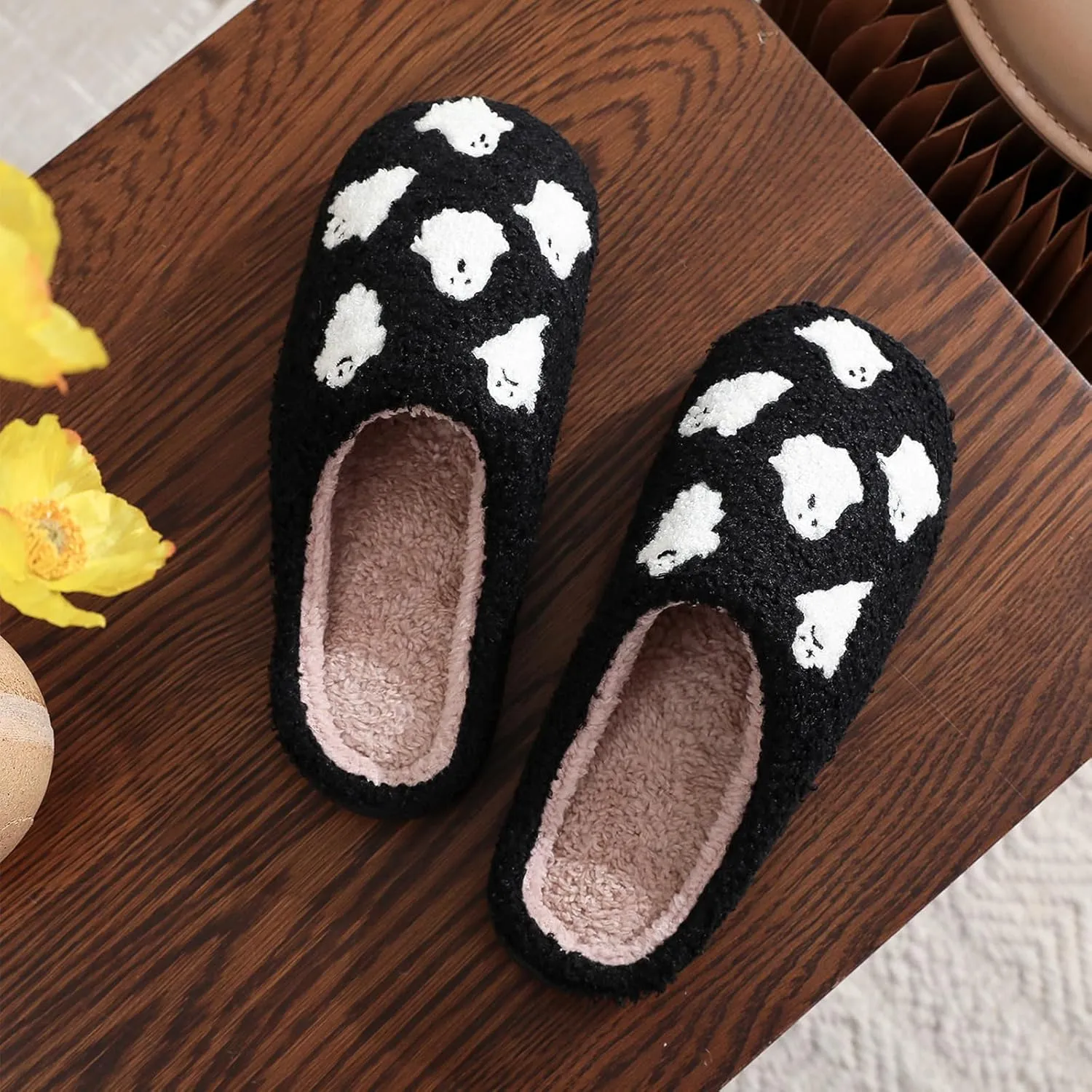 Halloween Slippers for Women and Men, Pumpkin With Bats, Ghost Face, Black Spooky House Indoor Outdoor, Cozy Fall and Winter