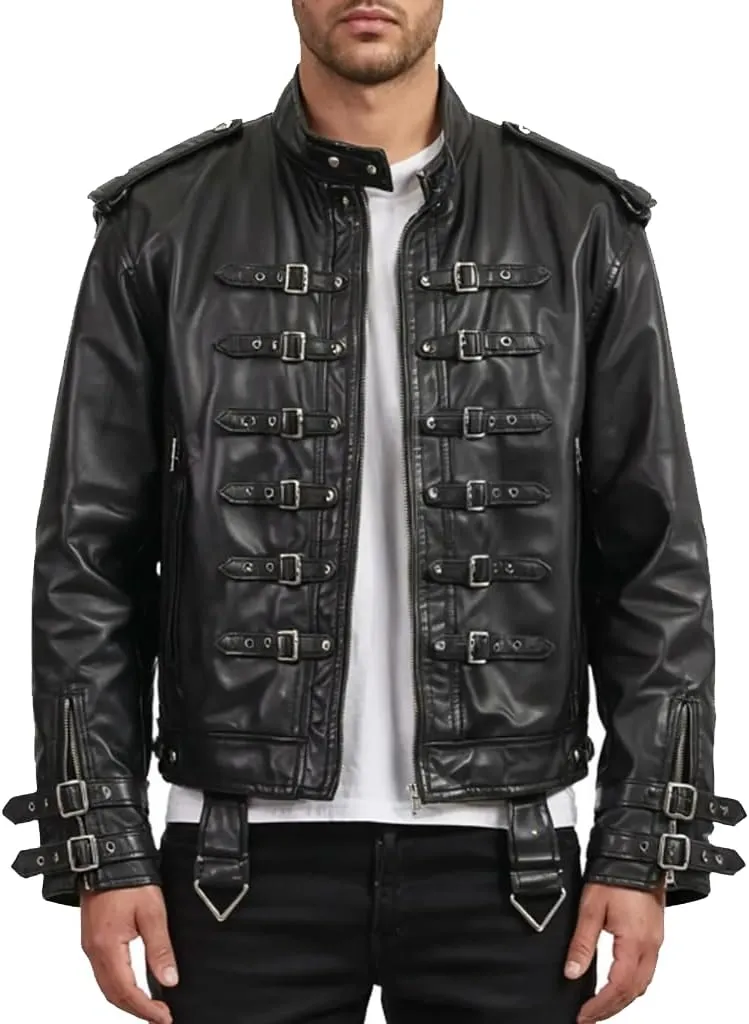 H&D Clothing Men's Gothic Style Motorcycle Jacket Black Leather Multi-Buckle Design Real Motorbike Rider Rock Classic Jacket
