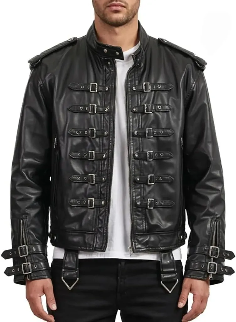 H&D Clothing Men's Gothic Style Motorcycle Jacket Black Leather Multi-Buckle Design Real Motorbike Rider Rock Classic Jacket
