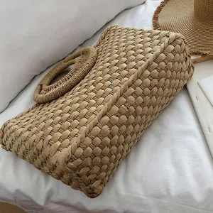 Hand-Woven Straw Bag Handmade Summer Lady Bag,Beach Handbag with Top Handle Black (Color : Khaki)