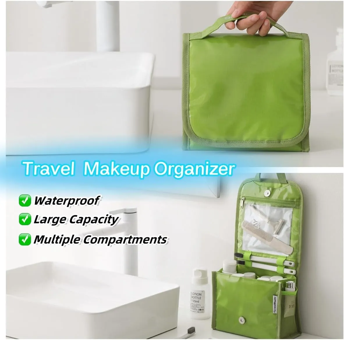 Hanging Toiletry Bag for Men & Women, Waterproof Travel Makeup Organizer, Large Capacity with Multiple Compartments, Shaving & Full-Sized Toiletries Storage Bag. SO-T (Green)