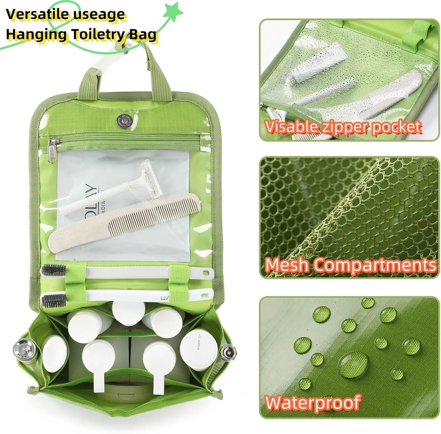 Hanging Toiletry Bag for Men & Women, Waterproof Travel Makeup Organizer, Large Capacity with Multiple Compartments, Shaving & Full-Sized Toiletries Storage Bag. SO-T (Green)