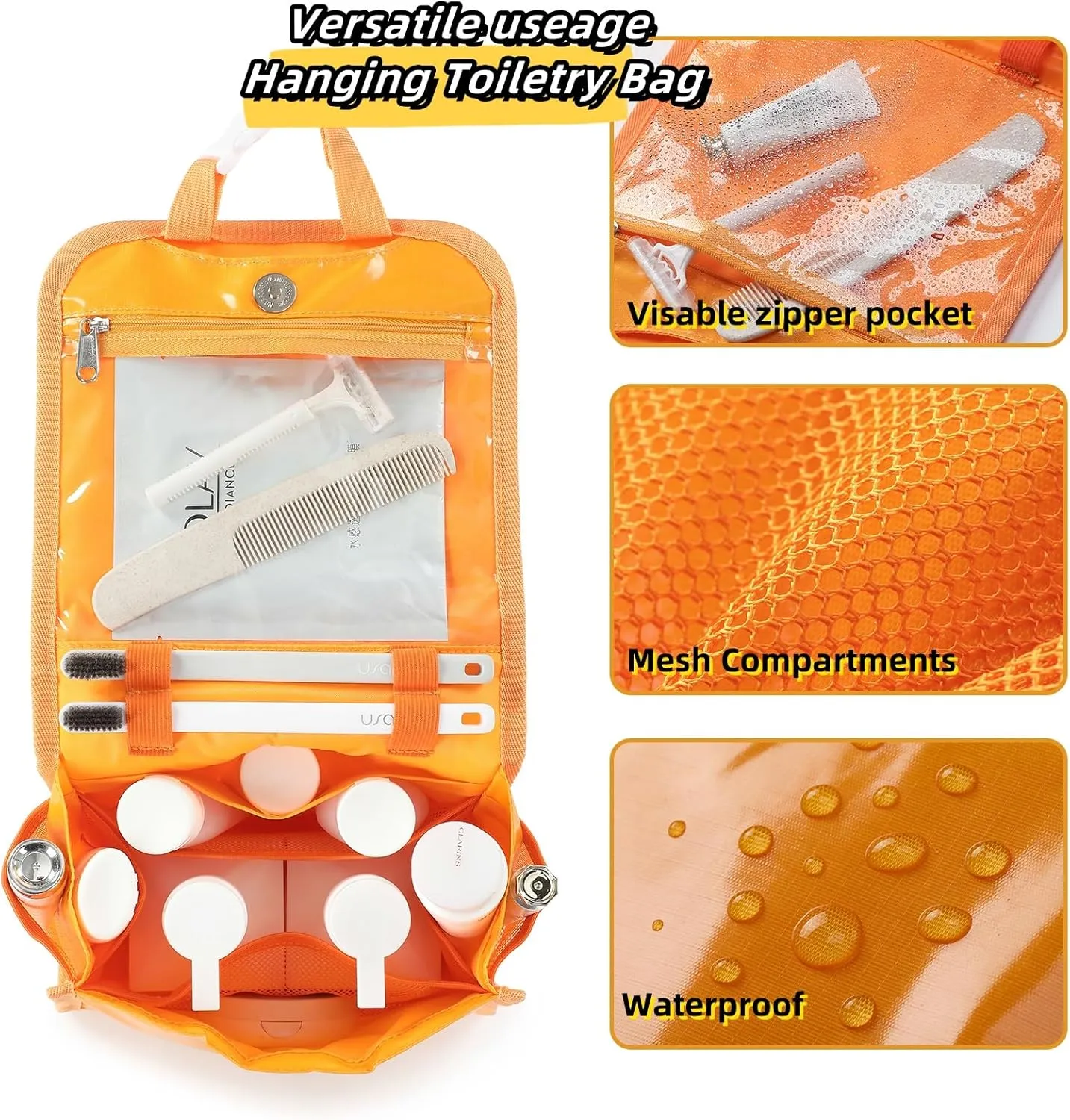 Hanging Toiletry Bag for Men & Women, Waterproof Travel Makeup Organizer, Large Capacity with Multiple Compartments, Shaving & Full-Sized Toiletries Storage Bag. SO-T (Orange)