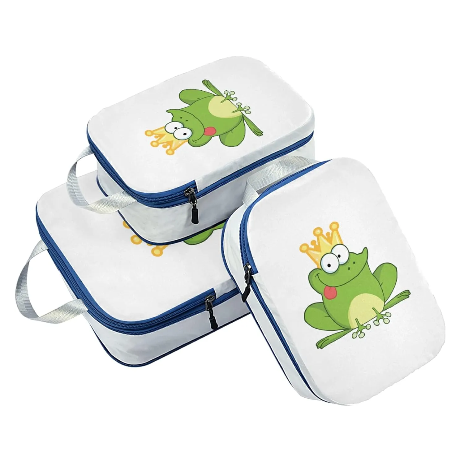 Happy Green Frogs Cartoon Characters Set on White 3 Piece set Cubes Expandable Adjustable Luggage Packing Bags, Ultralight Organizer Accessories Travel Suitcase Compressible Bags