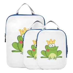 Happy Green Frogs Cartoon Characters Set on White 3 Piece set Cubes Expandable Adjustable Luggage Packing Bags, Ultralight Organizer Accessories Travel Suitcase Compressible Bags