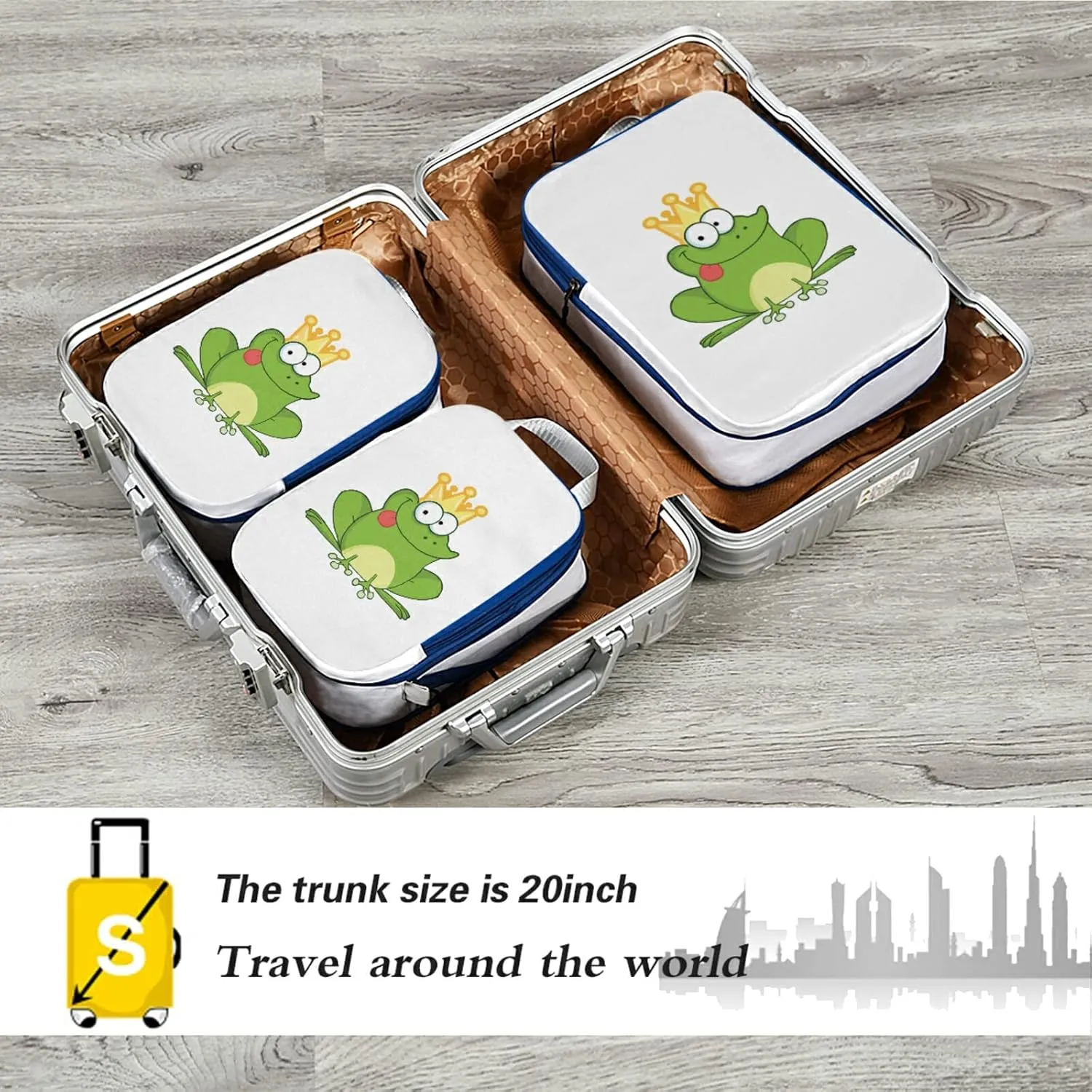 Happy Green Frogs Cartoon Characters Set on White 3 Piece set Cubes Expandable Adjustable Luggage Packing Bags, Ultralight Organizer Accessories Travel Suitcase Compressible Bags