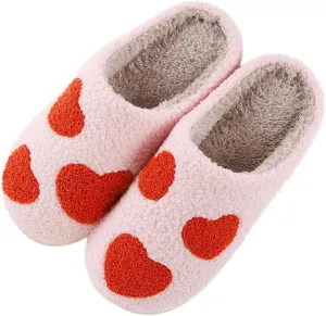 Happy Smile Face Slippers with Evil Eyes, Strawberry Heart, Cute Cartoon Design - Soft Plush Cozy House Slippers for Women - Indoor/Outdoor