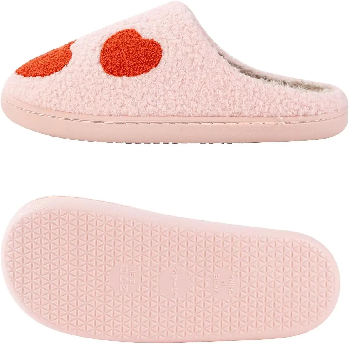 Happy Smile Face Slippers with Evil Eyes, Strawberry Heart, Cute Cartoon Design - Soft Plush Cozy House Slippers for Women - Indoor/Outdoor