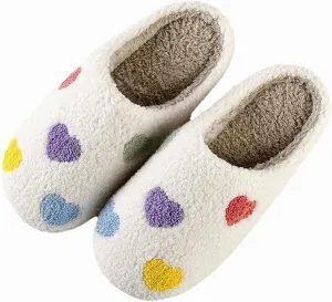 Happy Smile Face Slippers with Evil Eyes, Strawberry Heart, Cute Cartoon Design - Soft Plush Cozy House Slippers for Women - Indoor/Outdoor