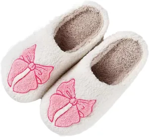 Happy Smile Face Slippers with Evil Eyes, Strawberry Heart, Cute Cartoon Design - Soft Plush Cozy House Slippers for Women - Indoor/Outdoor