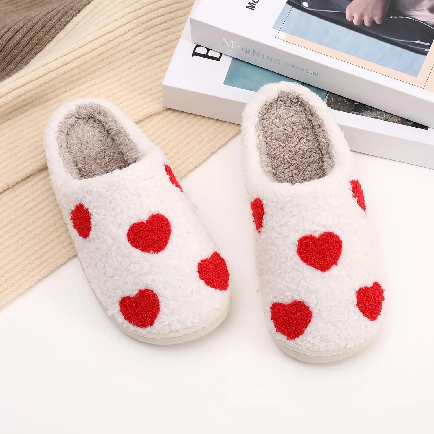 Happy Smile Face Slippers with Evil Eyes, Strawberry Heart, Cute Cartoon Design - Soft Plush Cozy House Slippers for Women - Indoor/Outdoor
