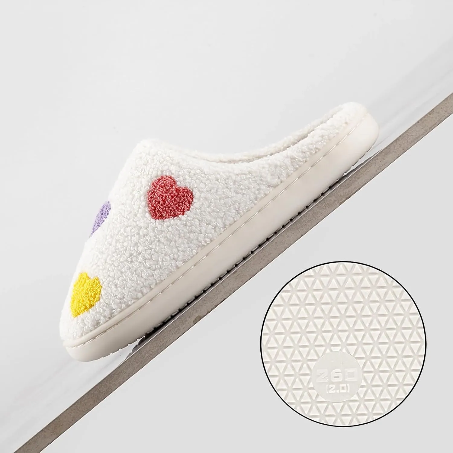 Happy Smile Face Slippers with Evil Eyes, Strawberry Heart, Cute Cartoon Design - Soft Plush Cozy House Slippers for Women - Indoor/Outdoor