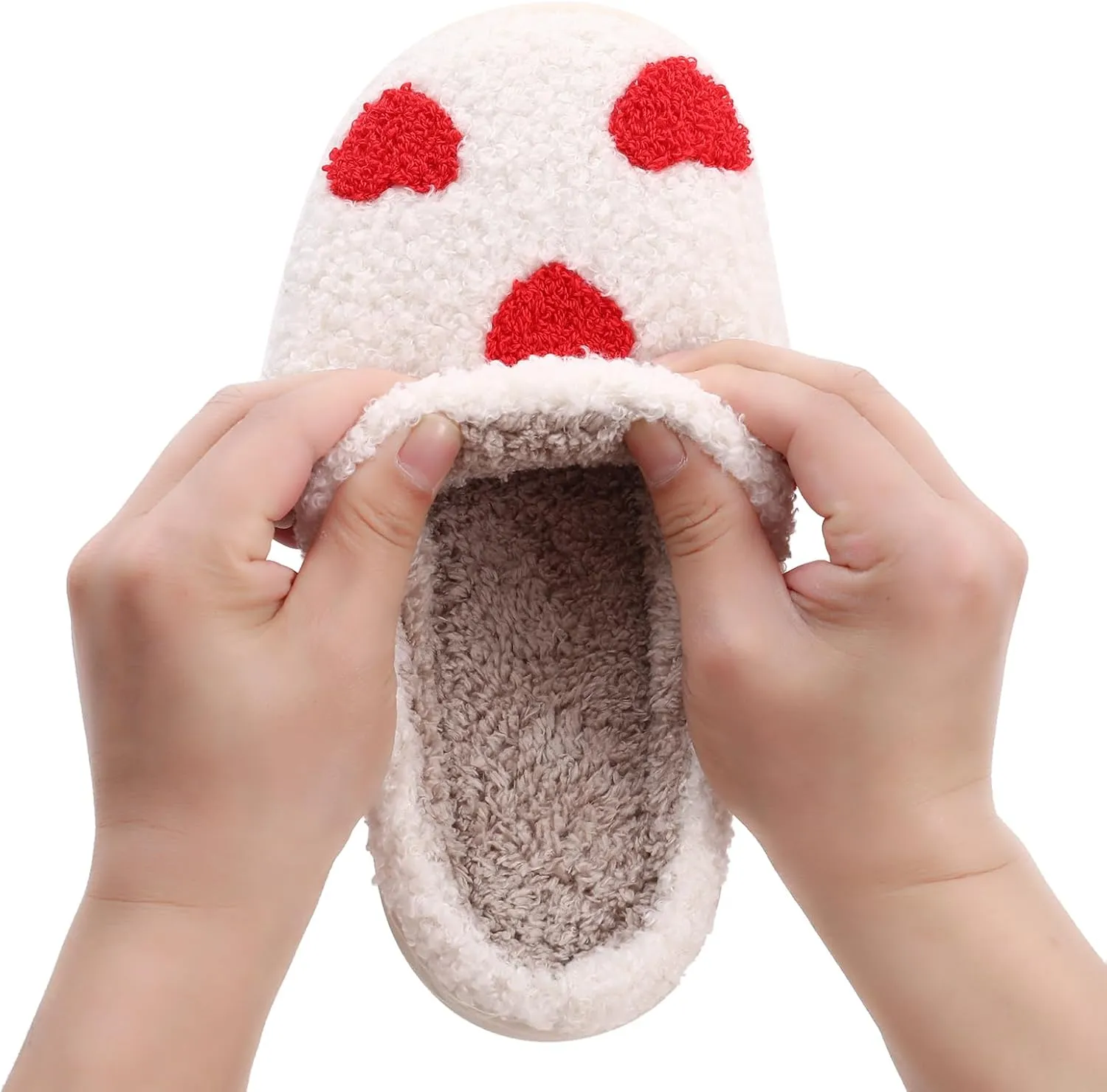 Happy Smile Face Slippers with Evil Eyes, Strawberry Heart, Cute Cartoon Design - Soft Plush Cozy House Slippers for Women - Indoor/Outdoor