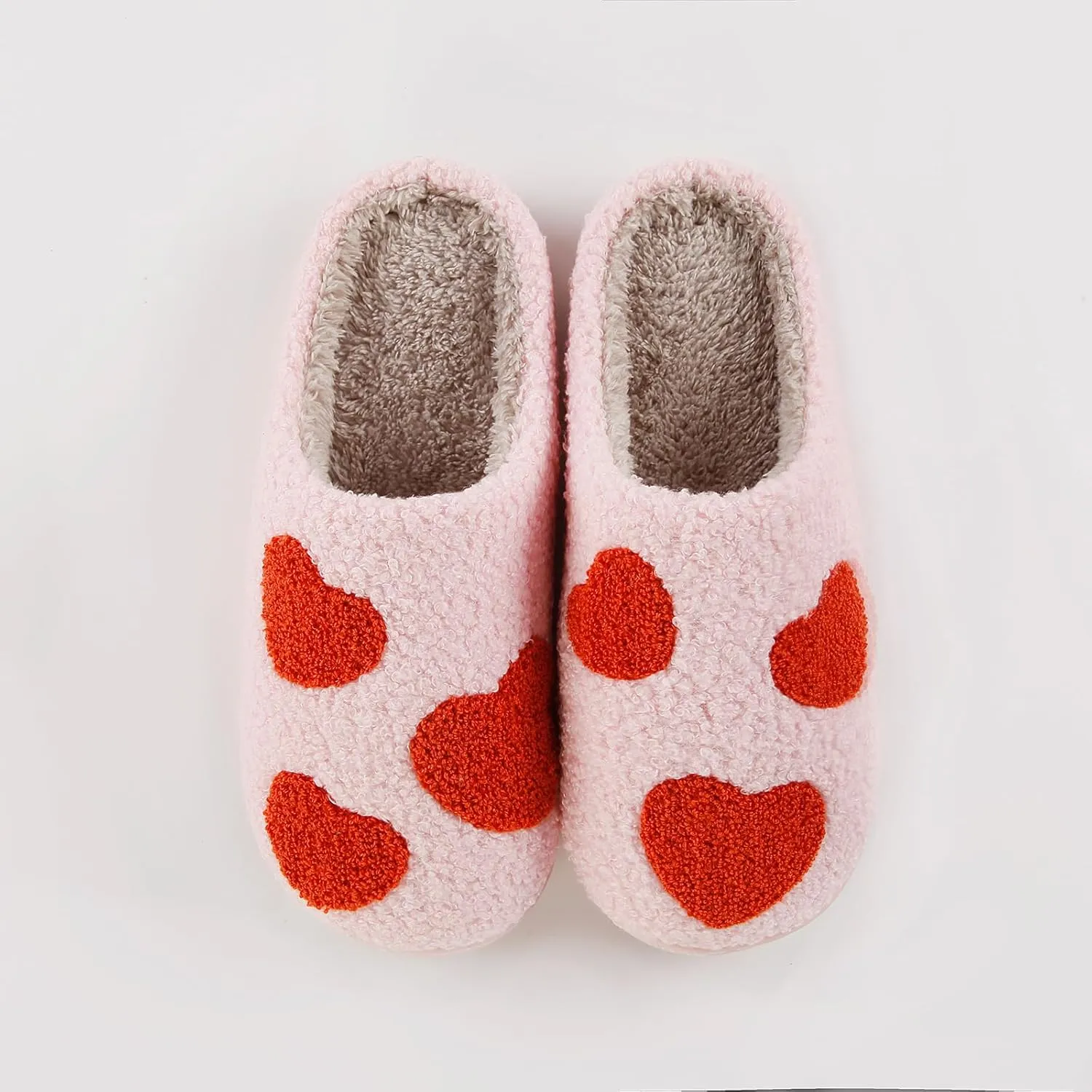 Happy Smile Face Slippers with Evil Eyes, Strawberry Heart, Cute Cartoon Design - Soft Plush Cozy House Slippers for Women - Indoor/Outdoor