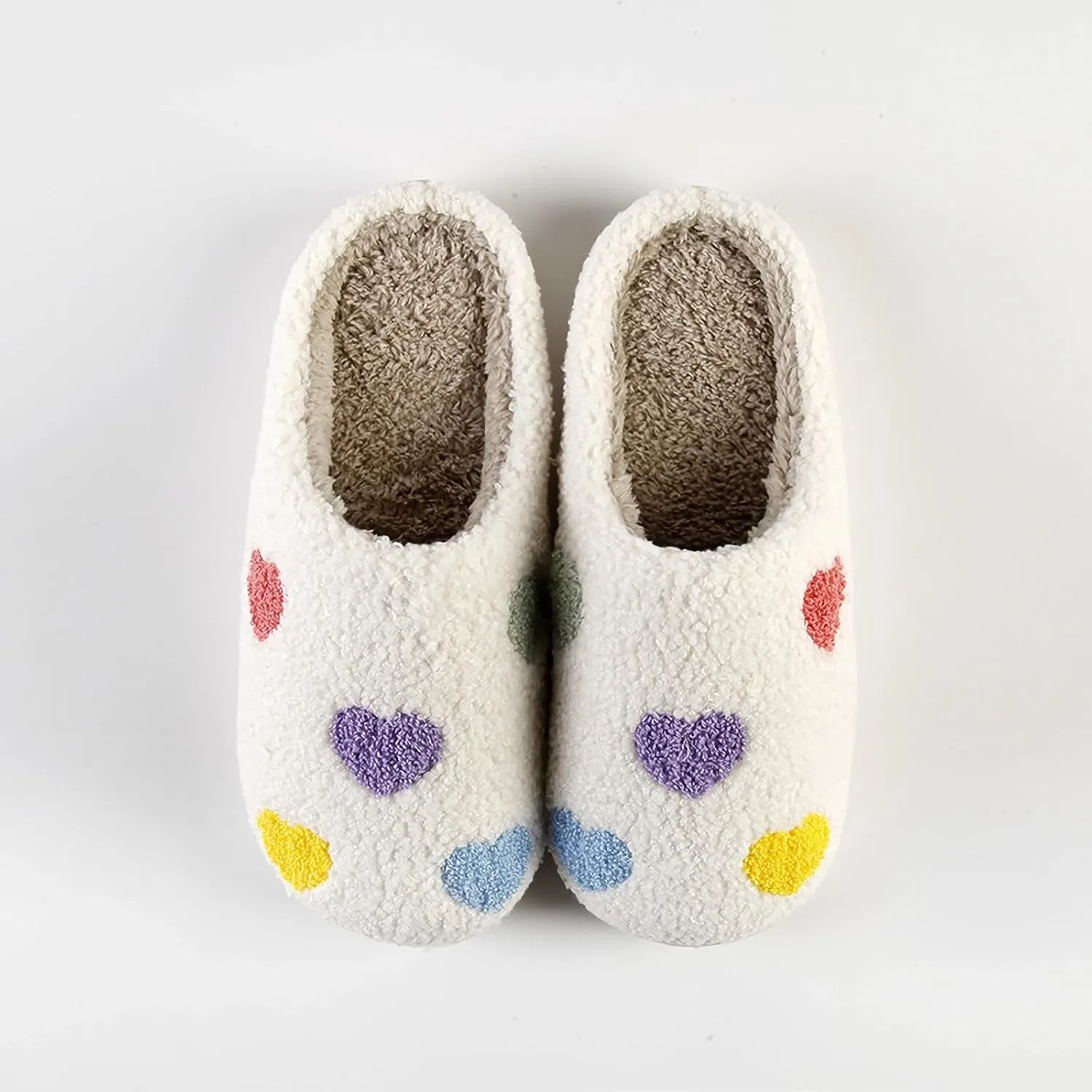 Happy Smile Face Slippers with Evil Eyes, Strawberry Heart, Cute Cartoon Design - Soft Plush Cozy House Slippers for Women - Indoor/Outdoor