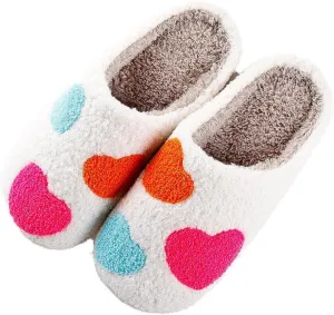 Happy Smile Face Slippers with Evil Eyes, Strawberry Heart, Cute Cartoon Design - Soft Plush Cozy House Slippers for Women - Indoor/Outdoor